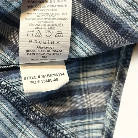prAna Casual Short Sleeve Button Down Shirt Men's L Plaid Organic Cotton Blend - Picture 10 of 11